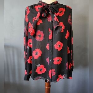 Kate Spade Poppy Chiffon Bow Silk Top Sheer Sleeve Ultra Feminine Romantic EUC L